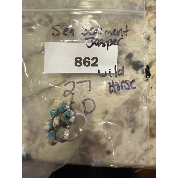 Artisan Sea Sediment Jasper Wild Horse turquoise SS 925 Statement cluster Ring - Picture 8 of 10
